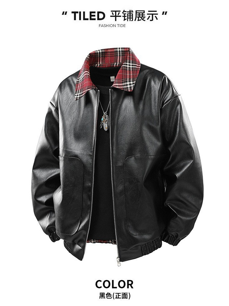 Cross-Border Reversible Pu Leather Jacket for Men, Spring and Autumn Style, Plaid Lapel Jacket, Loose Casual Biker Jacket, Trendy and Fashionable