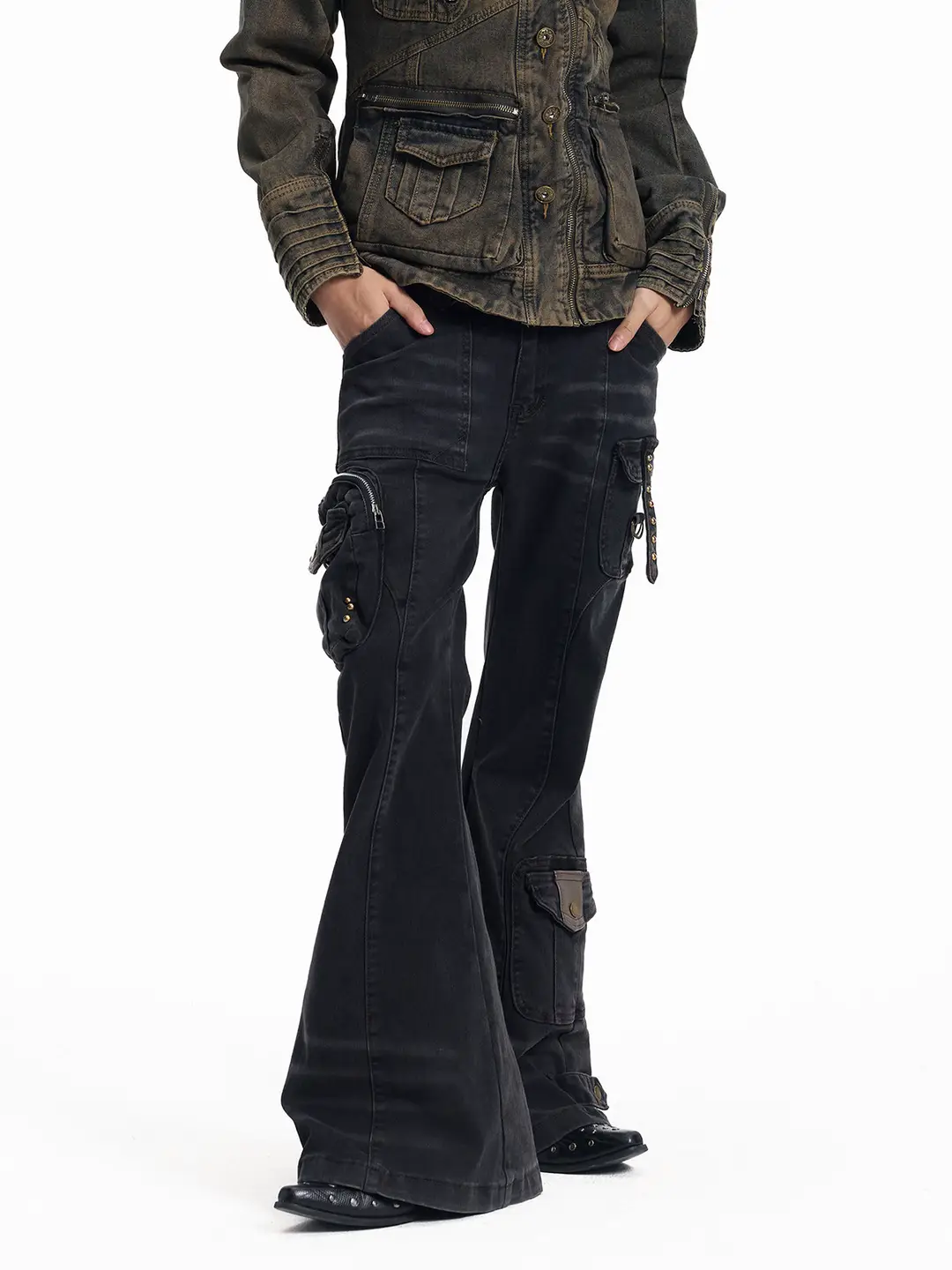 Lightinus * Black Vintage Splicing Multi Pocket Micro Pull Pants Heavy duty Low Waist Skinny Jeans