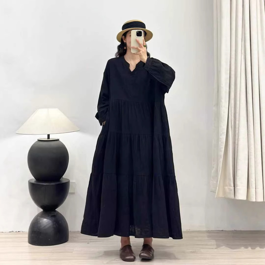 Small V-Neck Pullover Long Dress for Women, 2026 Spring New Versatile Loose Casual Artistic Dress