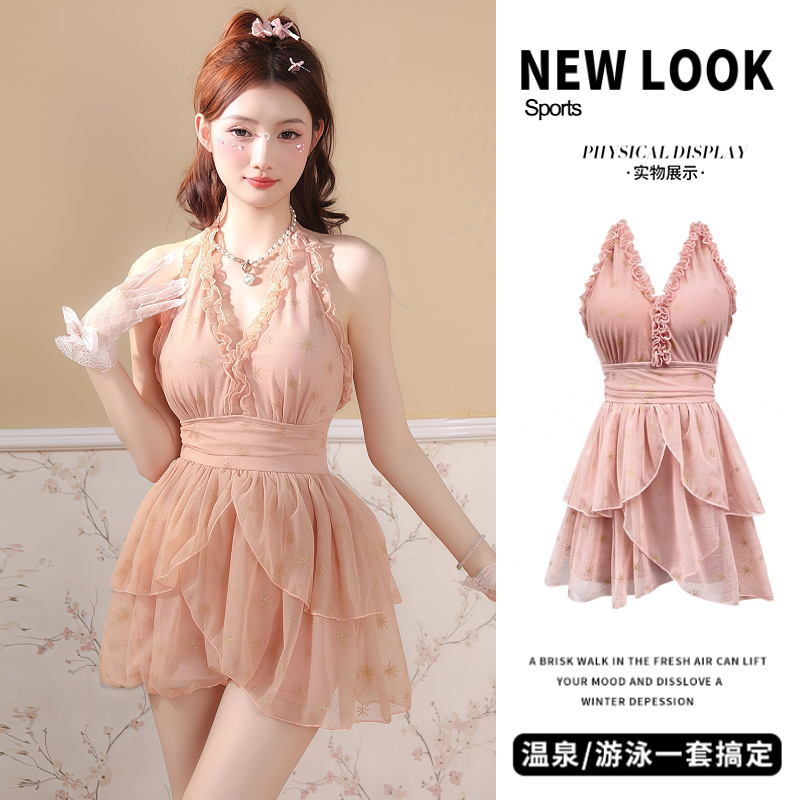2025 New French Retro Sexy Backless Sweet Lace Slim V-Neck Skirt One-Piece Swimsuit Hot Spring Swimsuit