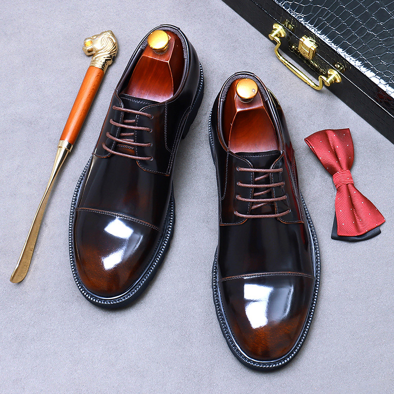 【Big Sale】Men's Genuine Leather Shoes with Three-Piece Upper, Thick-Soled Work Shoes, Height-Increasing Round-Toe Low-Top Shoes