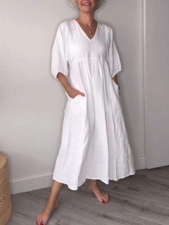 Autumn Women's Cotton and Linen Deep V-Neck Pleated Solid Color Casual Pocket dress