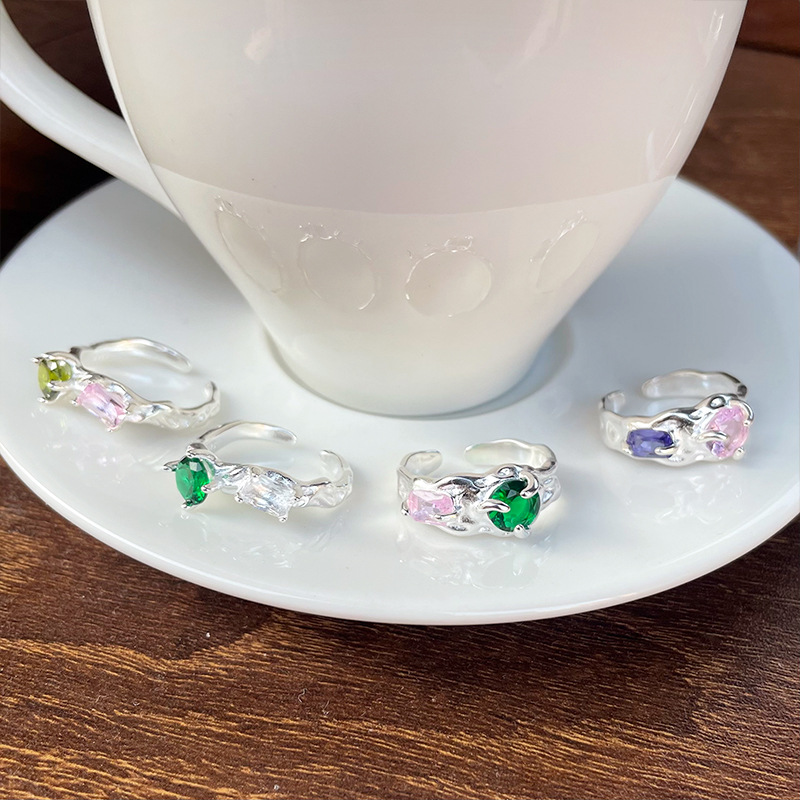 Lan Zhi Red Riding Book Explosive Instagram Colorful Zirconium Ring Women's Light Luxury High Sense Personality Finger Ring Niche 925 Silver Ring