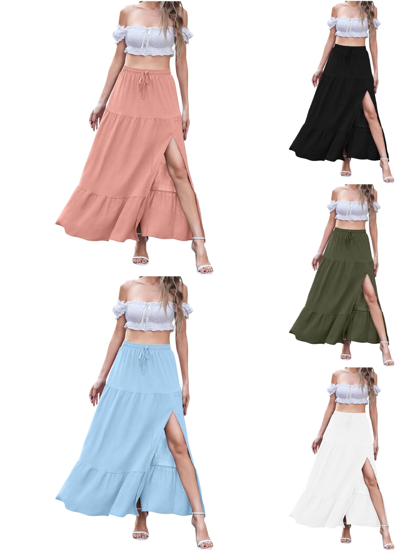 2025 Summer New European and American Cross-border Amazon Foreign Trade Women's Bohemian Solid Color Side Slit Skirt
