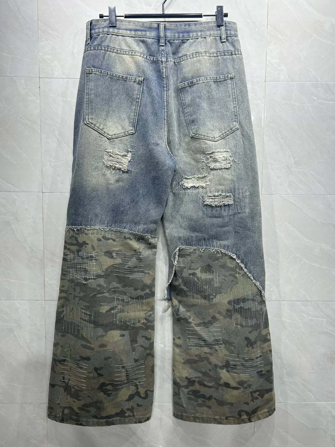 25Ss Cut-Out Patchwork Camouflage Straight-Leg Jeans American Retro Niche High Street Unisex Long Pants Trendy