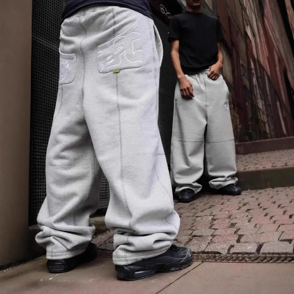 2025 European and American Fashion Brand Cross-border American Retro Hip-hop Street Casual Pants Loose Embroidered Grey Pants for Men