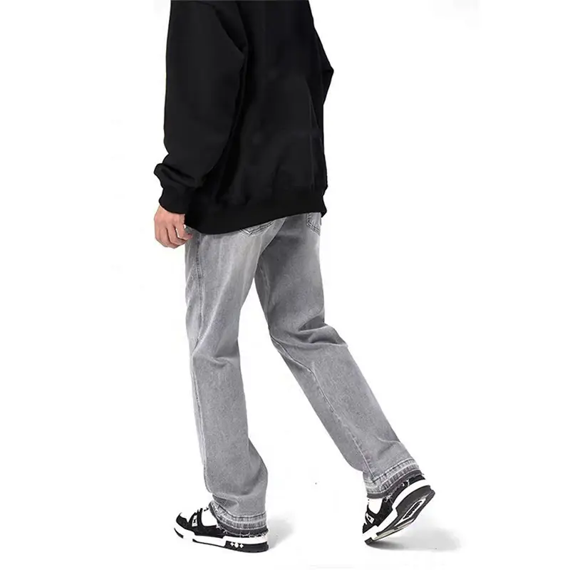 American-style Washed light gray-distressed Solid Color Jeans Summer Unisex Cuff Straight Base Straight Pants