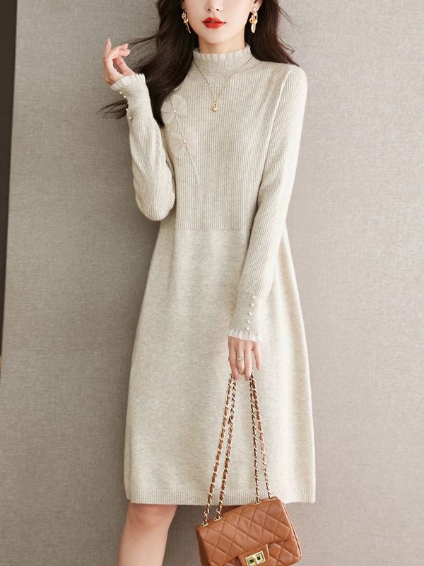 Women's Autumn and Winter 2026 New Knitted Dress with Coat and Sweater Skirt, Half-High Collar, Mid-Length, Inner Layering Shirt