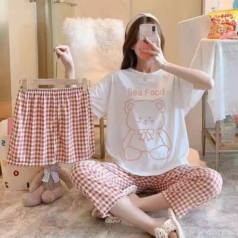 Women's Summer Short-Sleeve Loose Korean-Style Three-Piece Pajama Set, Plus Size, 2025 New Model, Suitable for Wearing Outside as Loungewear