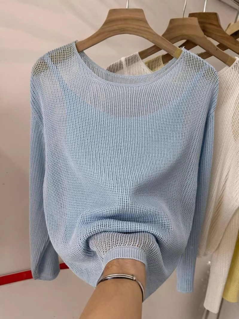 New Summer Version of Loose-Fitting Two-Piece Set: Simple Knitted Vest + Hollow-Out Pullover Sun-Protective Long-Sleeve Knit Top for Women