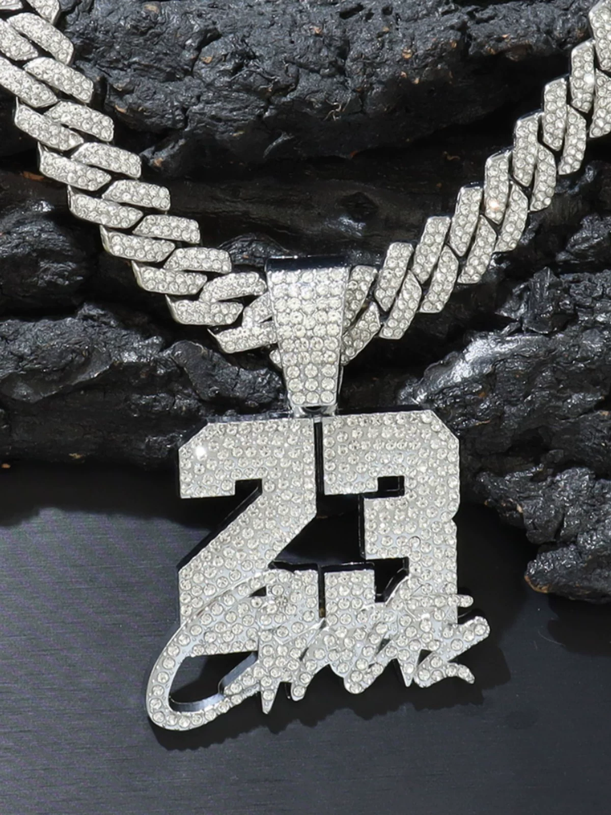 European and American Hip-Hop Full Diamond-Studded Number Pendant Necklace, Men's Hip-Hop Clavicle Chain with Diamond-Studded Cuban Chain, Trendy Men's Jewelry
