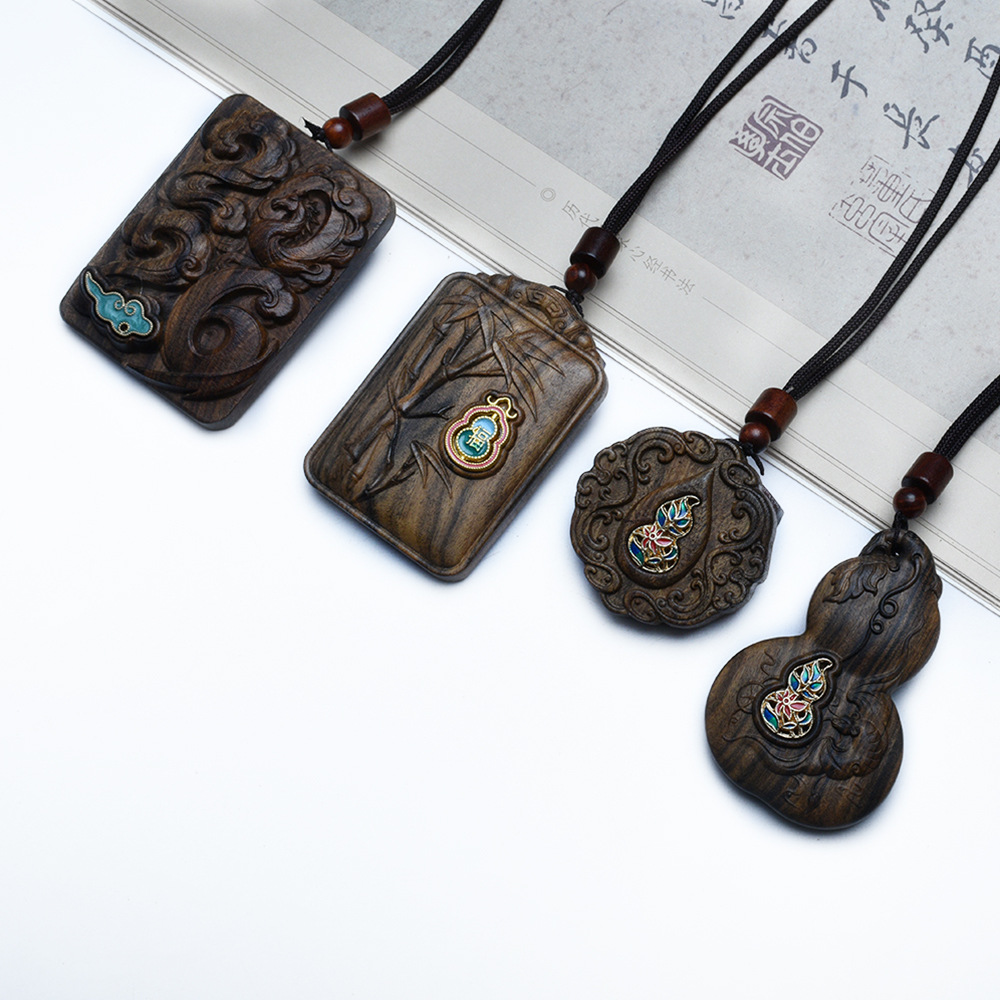 Agarwood Peace Pendant with Enamel Inlay for the Year of the Horse, Hanging Gourd, Good Fortune and Prosperity, Unisex Craft Necklace