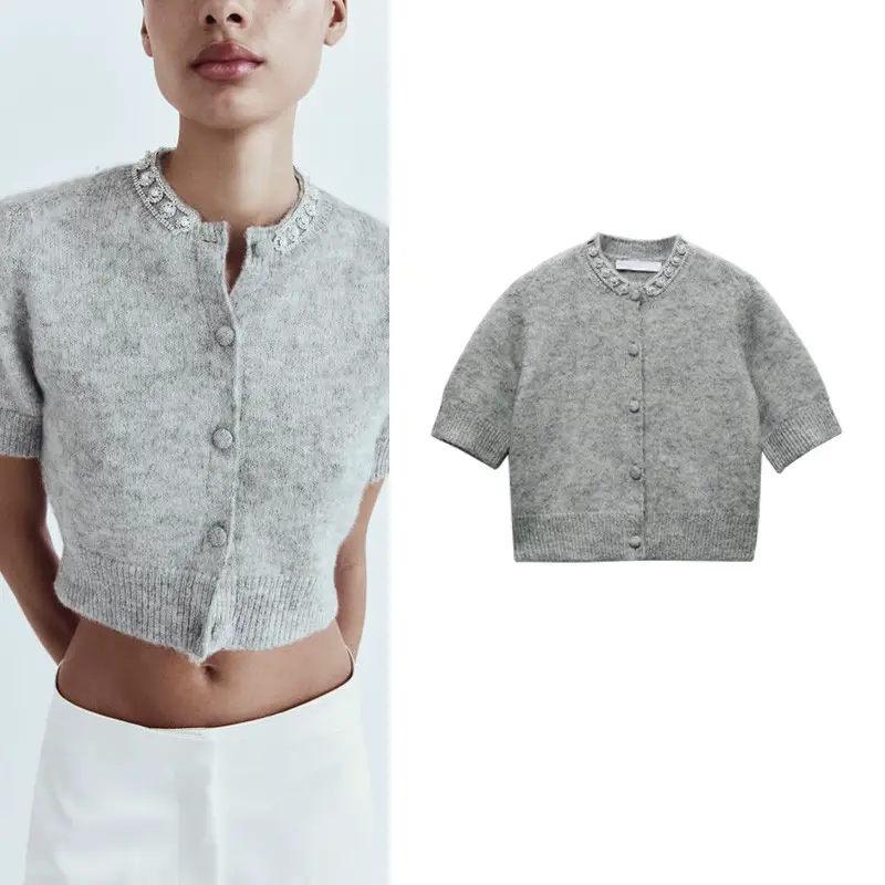 Cabinet 399! Spring New Arrivals Women's Jewelry-Embellished Round-Neck Short-Sleeved Knitted Short Jacket 9598004 802
