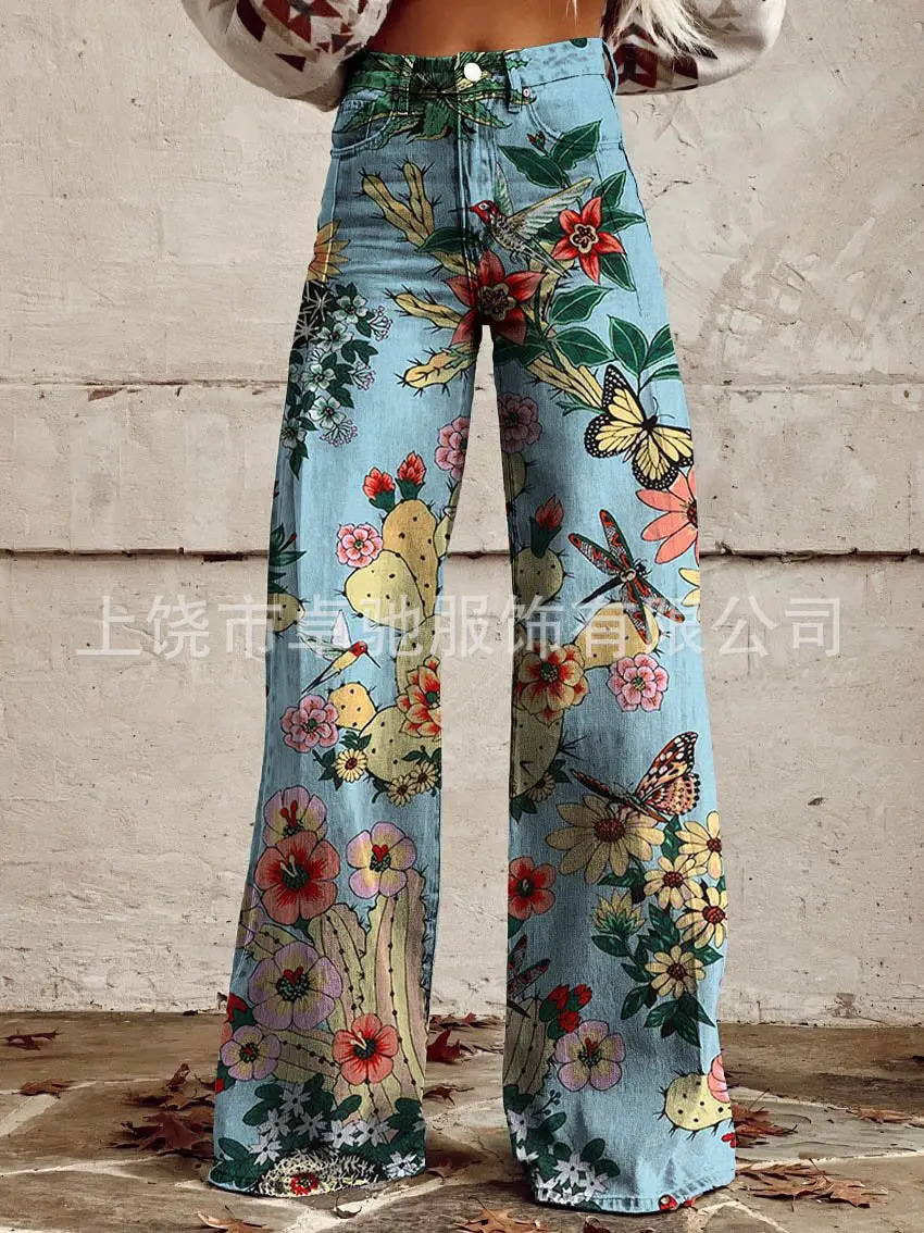 2025 Independent Station Xiyin European and American Foreign Trade plus size Women's Casual Pants Printed Imitation Jeans Wide Leg 3D Fashion Women's Pants