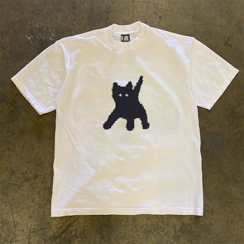 90S90S90S Heavy-Duty, Opaque, Pixelated, Fluffy Cat, Niche Couple Style, Versatile, Loose-Fitting, Design-Focused Short-Sleeve T-Shirt