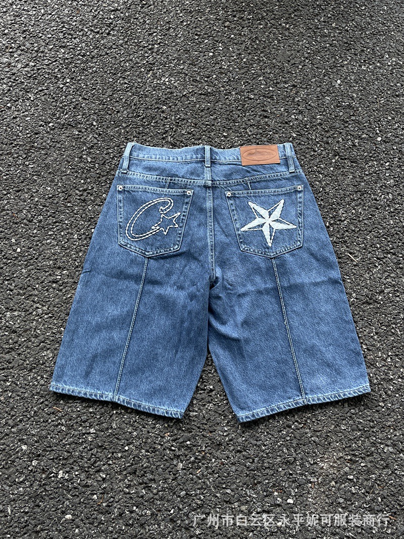 Crtz European and American Trendy Brand C-Star Denim Jorts Embroidered Hip-Hop Washed Denim Straight-Leg Shorts