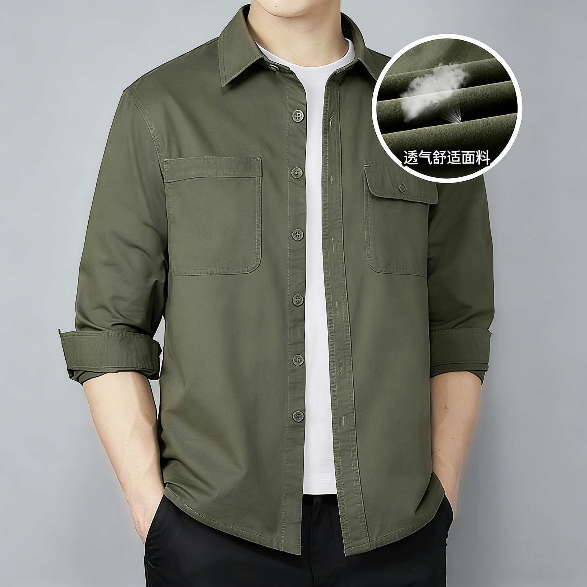 Cross-Border Men's Long-Sleeve Shirt, Spring and Autumn Casual Loose Workwear Trendy Washed Cotton Pocket Shirt Jacket Men's Clothing