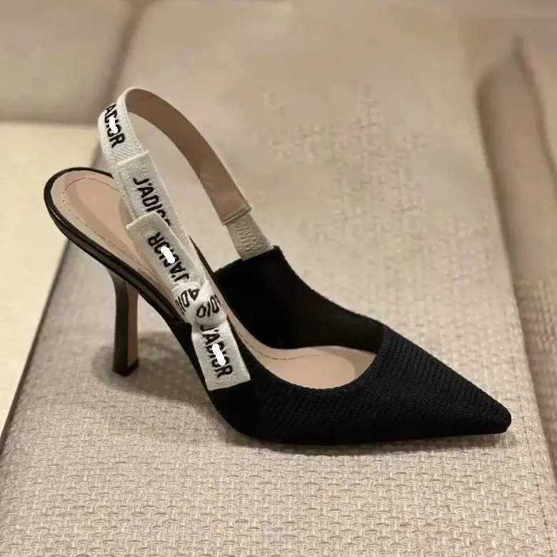 d letter knitted sandals women 2024 summer home new bow pointed shallow mouth back strap classic hundred high heels