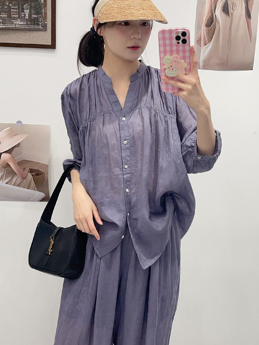 Pius High-Density 100% Ramie Sun-Protection Shirt for Women, Lightweight V-Neck French-Style Three-Quarter Sleeve Top