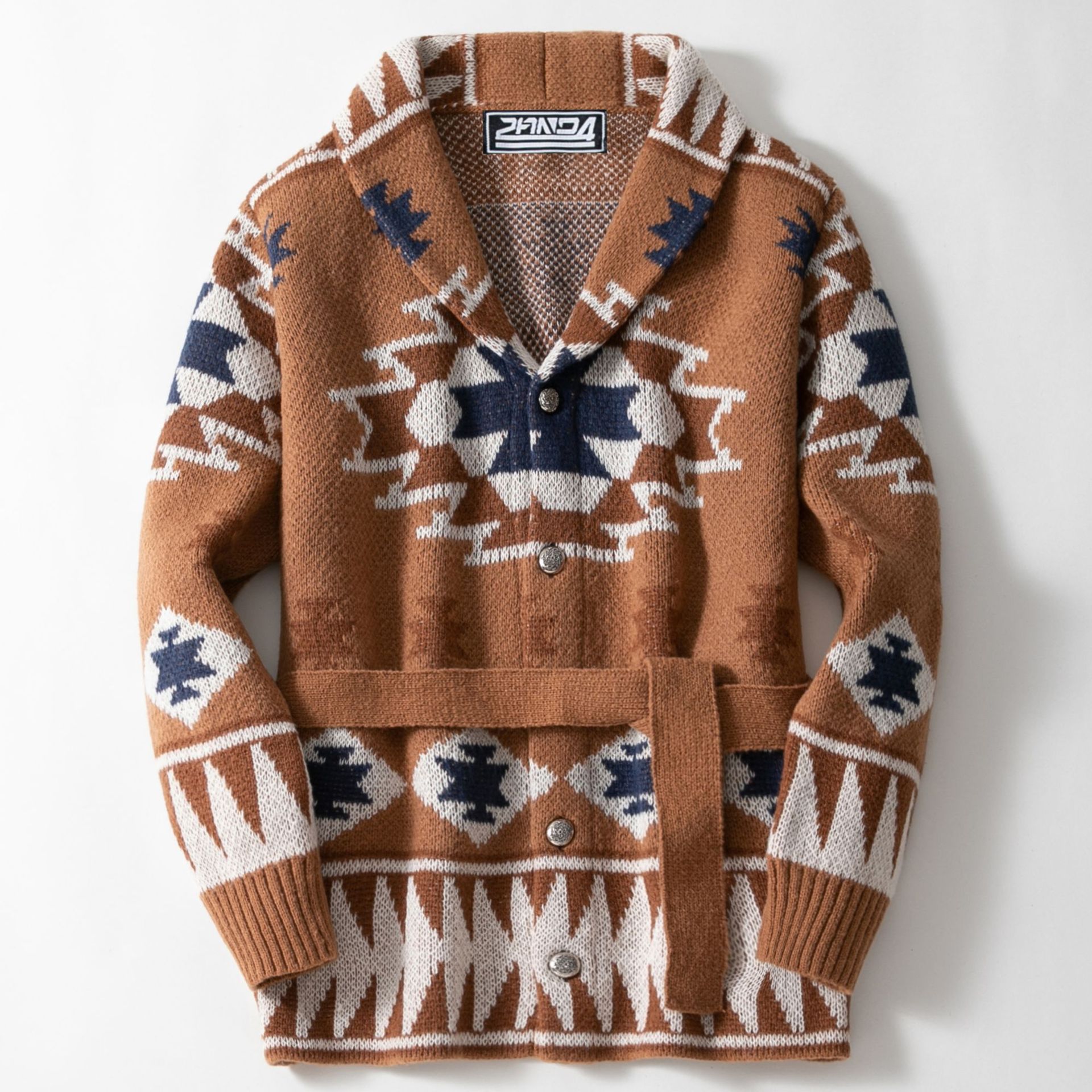 Men's Sweater Cardigan American Retro Indian Jacquard Lapel Tie-Up Knit Jacket Cross-Border Men's Clothing Sy0001