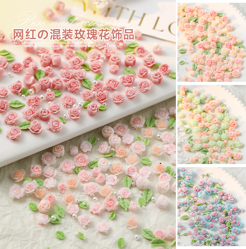 Rose mixed nail art trinkets net red resin stereo mini pearl leaves nail art accessories wholesale