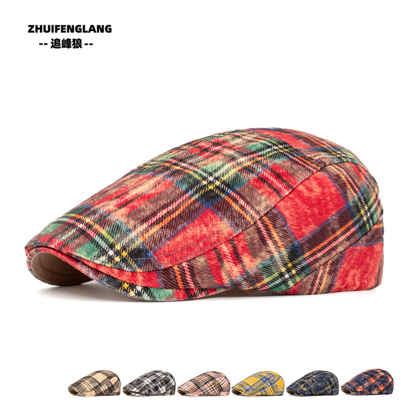 British Style Contrasting Plaid Beret Women's Spring and Summer Versatile Painter's Hat Washed Old Forward Hat Men's Peaked Cap