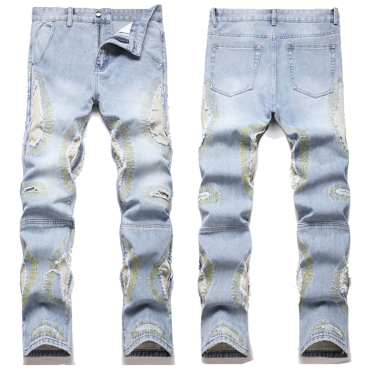 American-Style Heavy-Duty Patchwork Ripped Distressed Patchwork Jeans, High Street Personality Straight-Leg Slim-Fit Youth Jeans