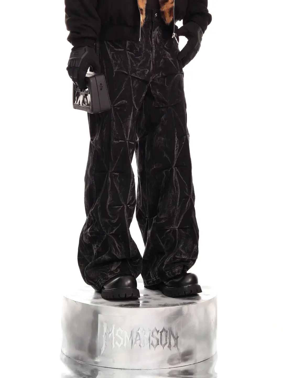 Manson Dark Avant-Garde Heavy-Duty Pleated Design High Street Yabi Washed Denim Jeans Men's High-End Straight Wide-Leg Pants