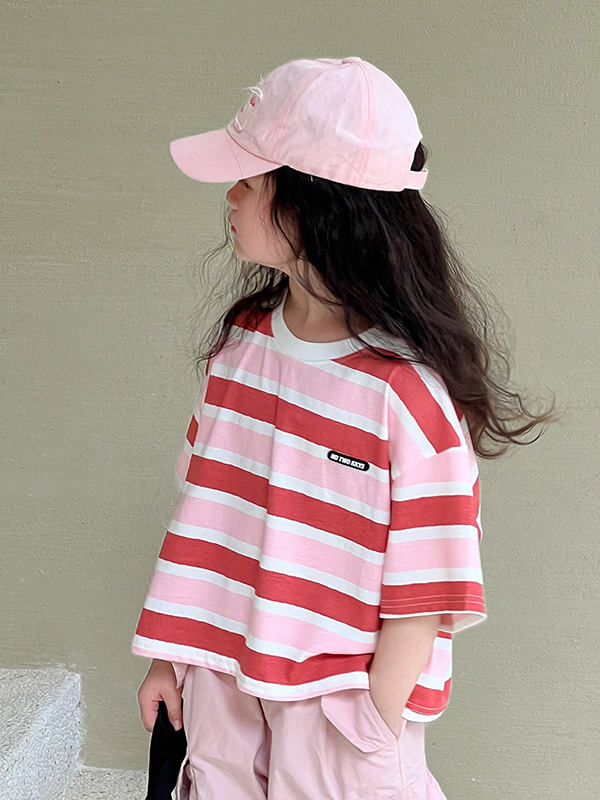 Girls' Summer Short-Sleeve 2026 New Korean Style Pure Cotton Striped T-Shirt for Older Children, Thin Casual Trendy T-Shirt