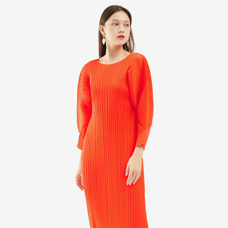 Miyake Simple and Comfortable Casual Dress for Women 2026 Spring Slim Fit Long-Sleeve Mid-Length A-Line Dress