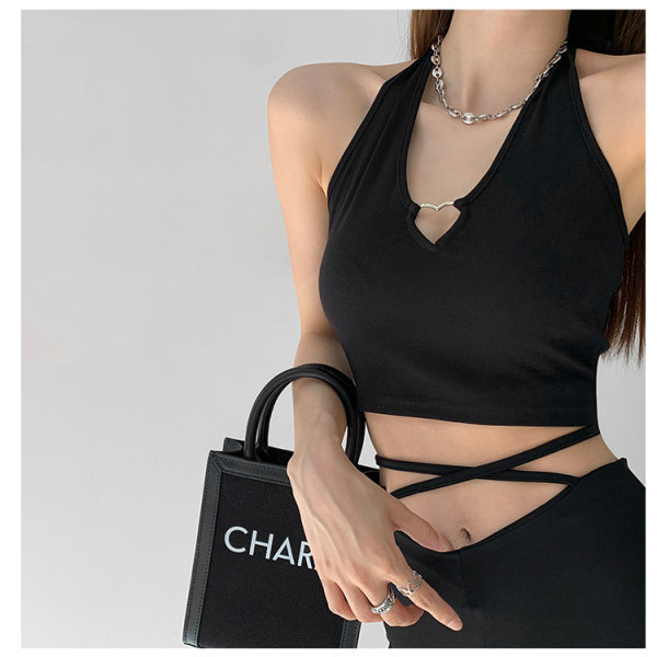2024 hot girl love hollow-out halter strap design sense outer wear sleeveless top navel short vest cross-border