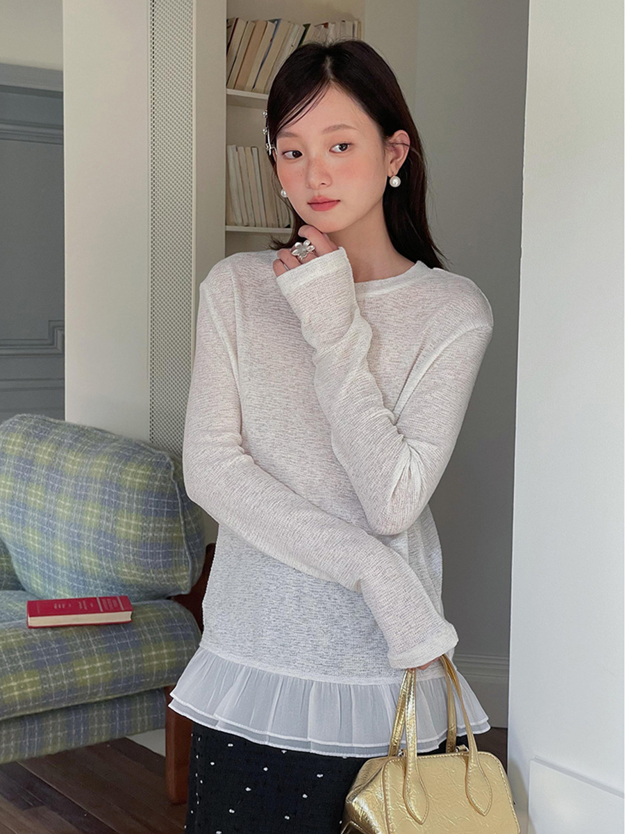 [Ge Ming] French Retro Hem Lace Round Neck Long-Sleeved T-Shirt Women's Autum Long-Sleeved Bottoming Shirt N723B