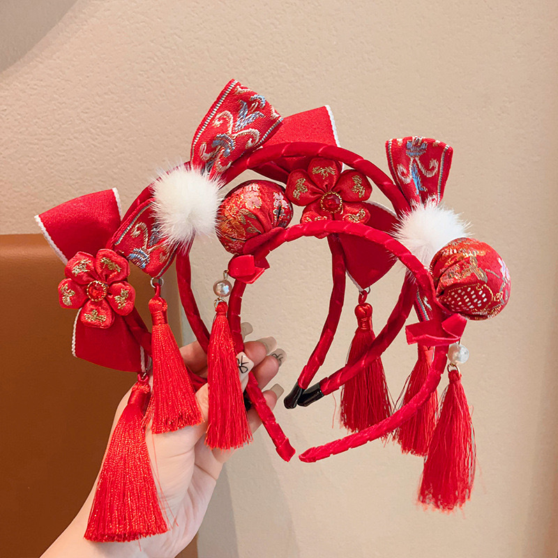 New Year Antique Tassel Chinese Style Red Headwear One-year-old Hair Band Tang Suit Hanfu Accessories Baby Bow Festive