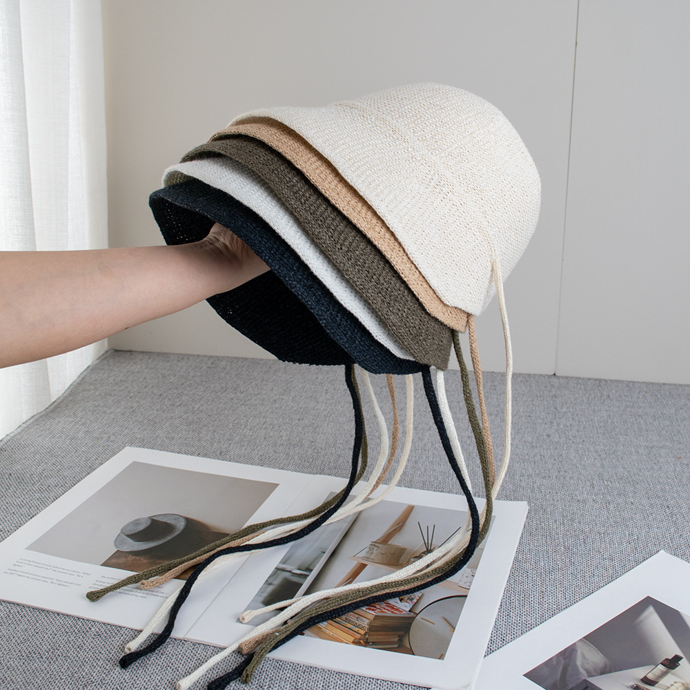 Spring and Summer Vintage Straw Knit Fisherman Hat for Women, Versatile, Breathable, Face-Slimming, with Tie Strap, Sunshade Hat, Split Brim Lolita Hat