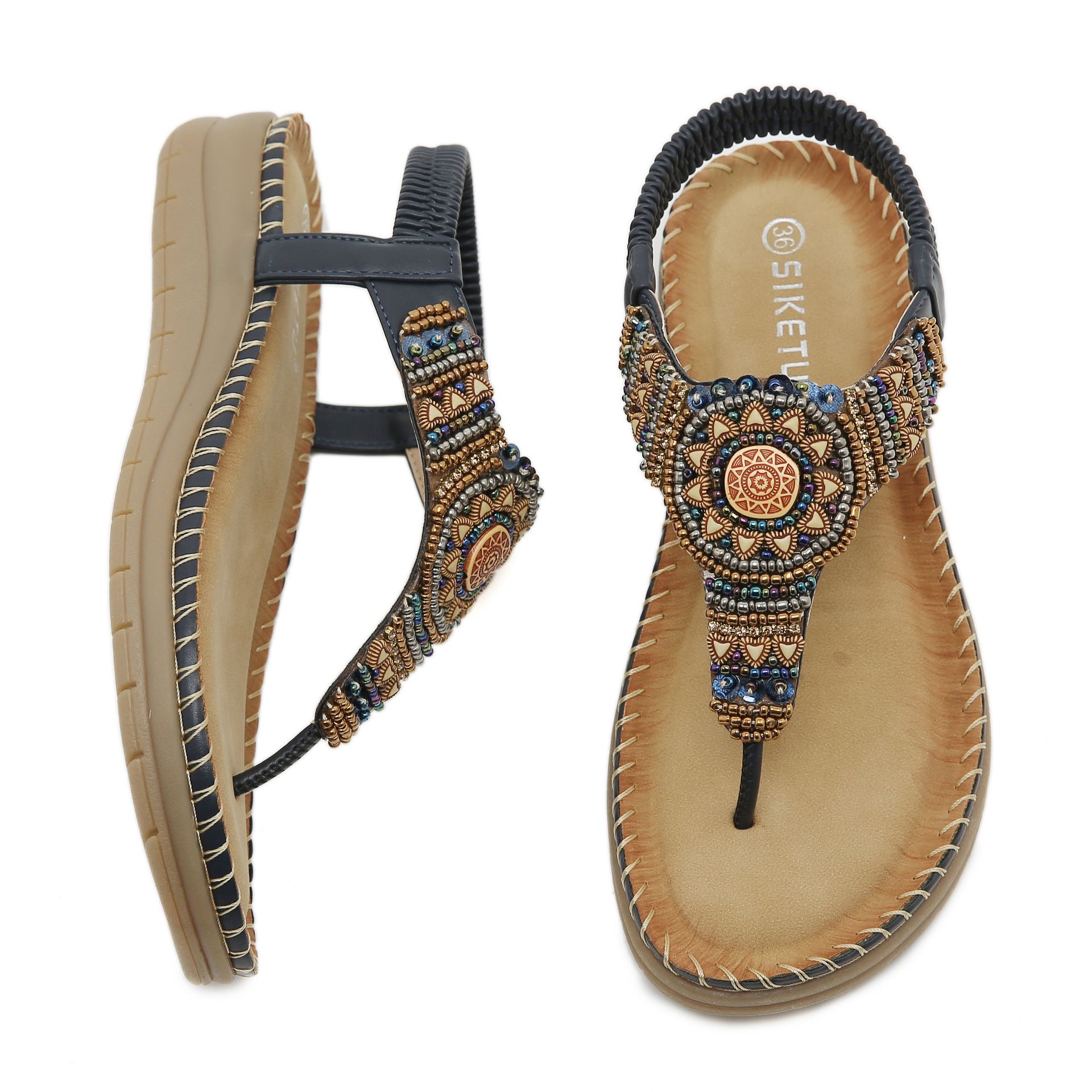 U5012-5 in Stock 2025 New Model Bohemian Comfortable Beaded Beach Vacation Large Size Flat Sandals
