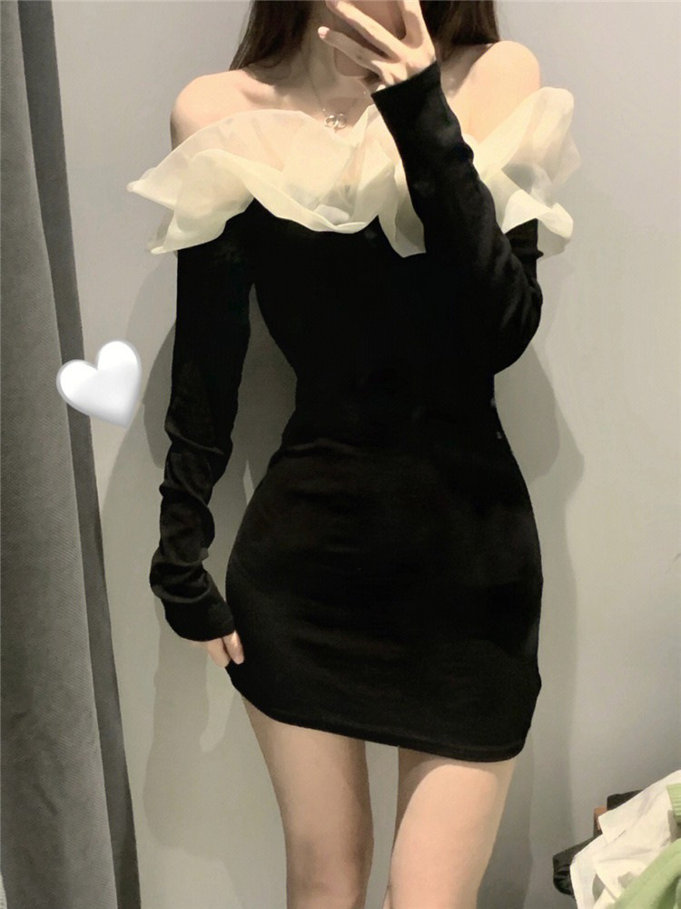 2024 Spring and Autumn New Velvet Stylish Girl Sexy Elegant Ruffled Shoulder Collar Long-Sleeved Hip Skirt
