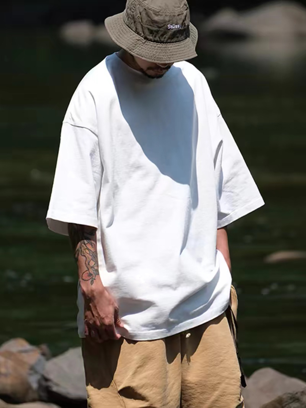 330g heavy drop-shoulder American short-sleeved T-shirt Men's Light Version small neckline round neck cotton loose hip hop style top fashion