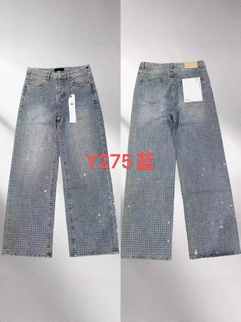 2025 European and American Heavy-Duty Rhinestone Denim Wide-Leg Pants New High-Waisted Loose Slimming European Floor-Length Pants