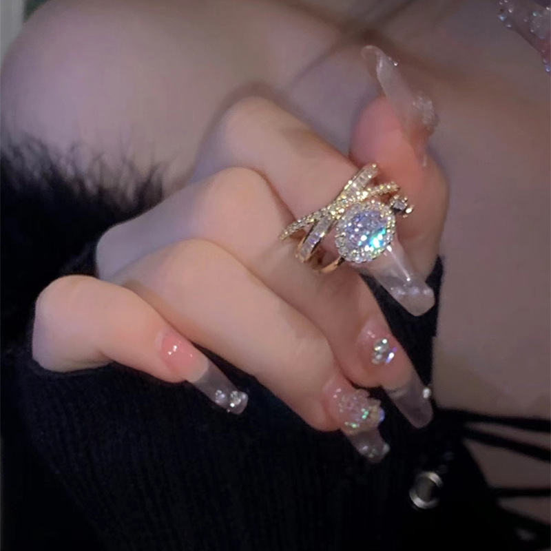 Real Gold Electroplating Exquisite All-match Zircon Opening Ring Women's Light Luxury Niche Stacked Distinctive Design Finger Ring Wholesale
