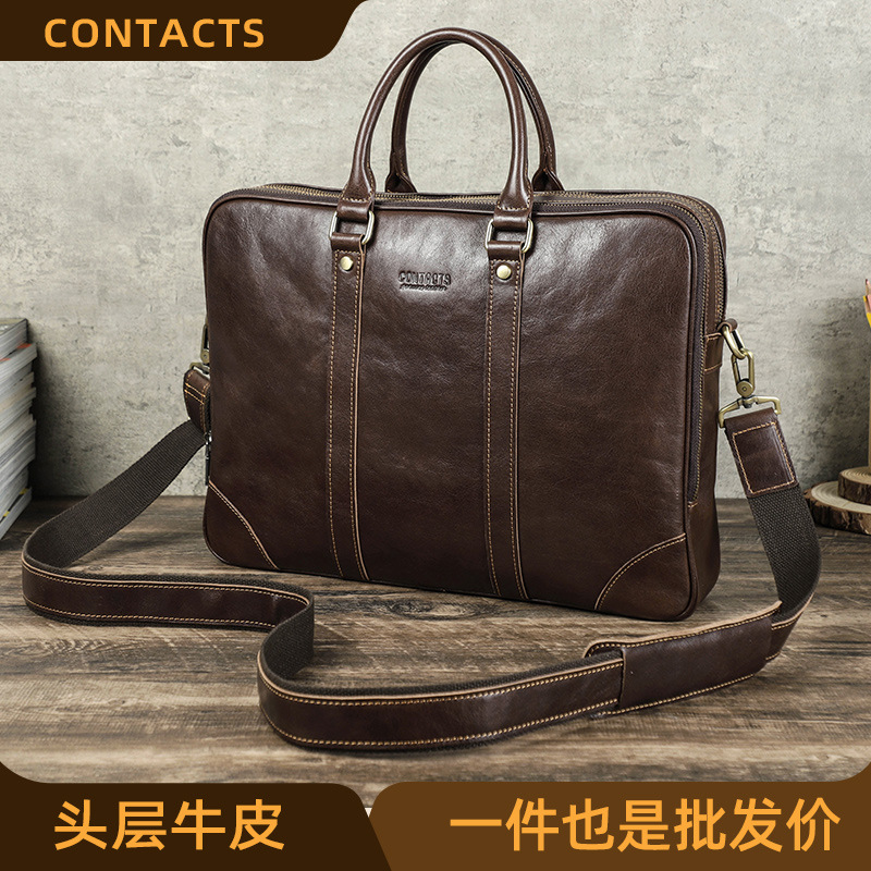 Black Angel retro first layer cowhide shoulder messenger bag can hold 14.2-inch Business Laptop Briefcase