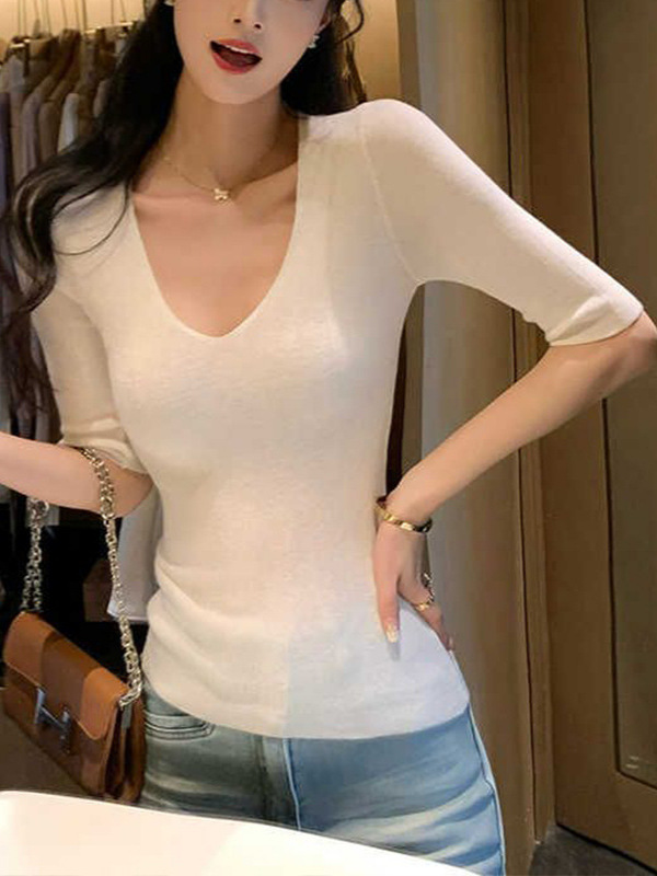 Elegant V-Neck Half-Sleeve Slim-Fit Knit Top for Women, Summer Regular Shoulder, Waist-Cinching, Slimming Short T-Shirt, Trendy Top
