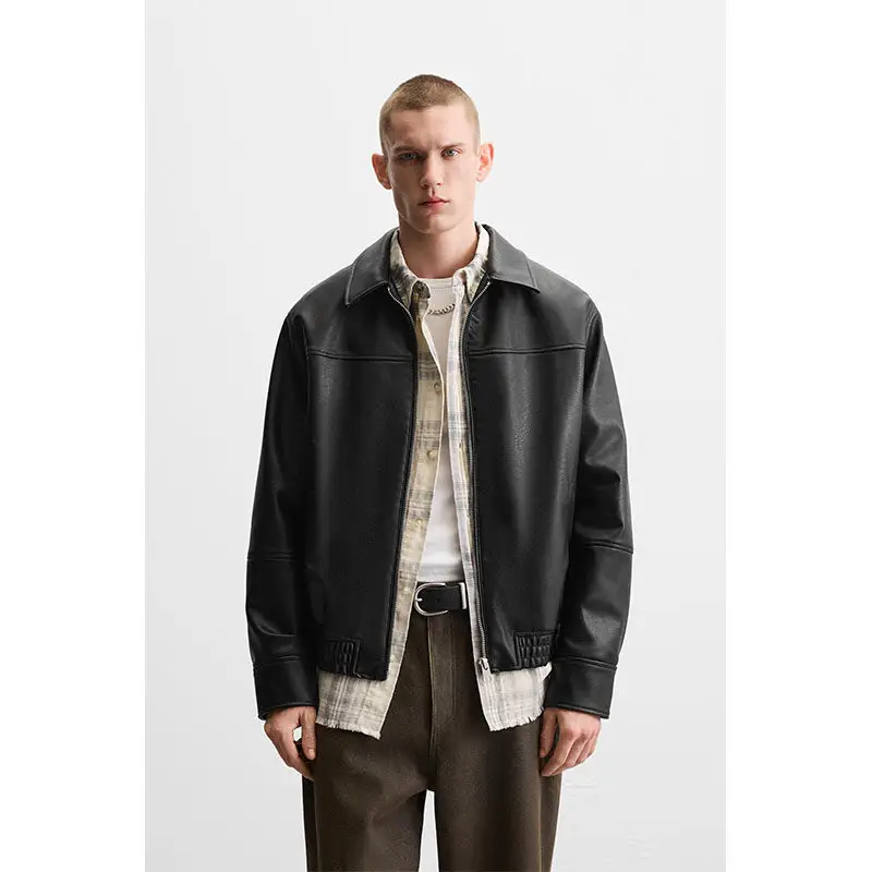 Spring 2025 new men's loose and simple lapel PU imitation leather jacket leather jacket zipper jacket 4027300