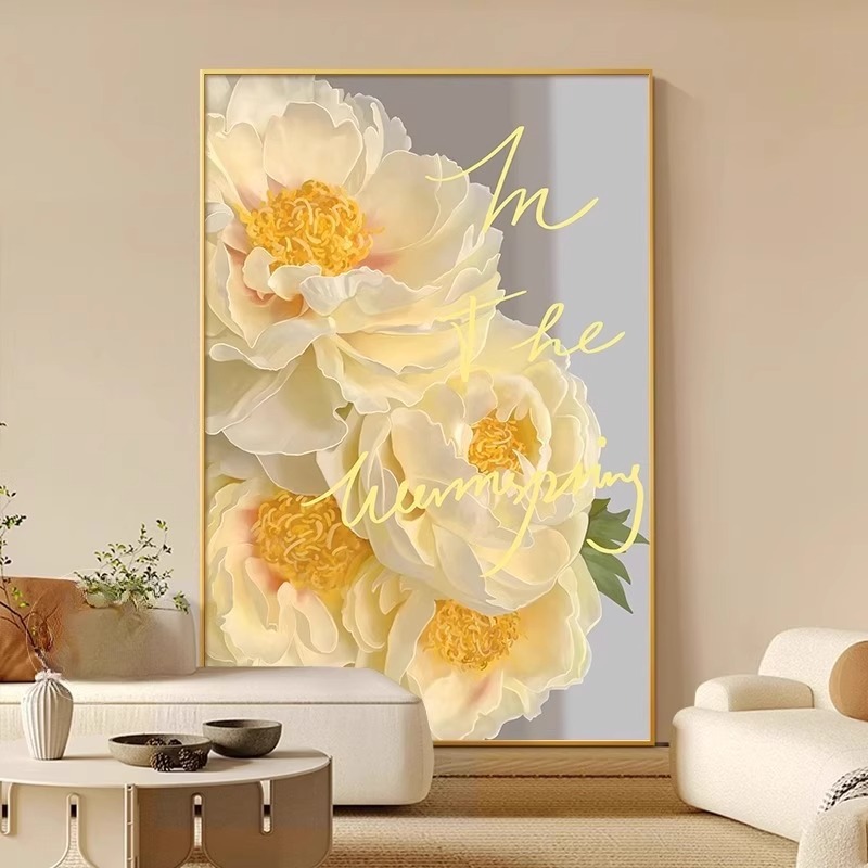 Cream style living room decorative painting ins desktop painting peony flower floor painting sofa background mural porch hanging painting
