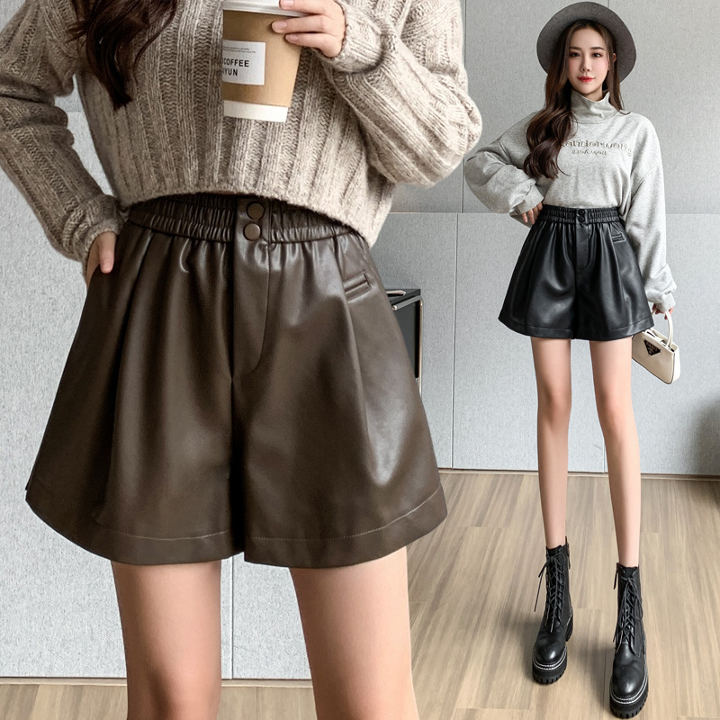 Small Pul Leather Shorts Women's Outwear European High Waist 2023 Spring and Autumn Spring and Autumn Stretch Waist A- line Wide Leg Boots Pants