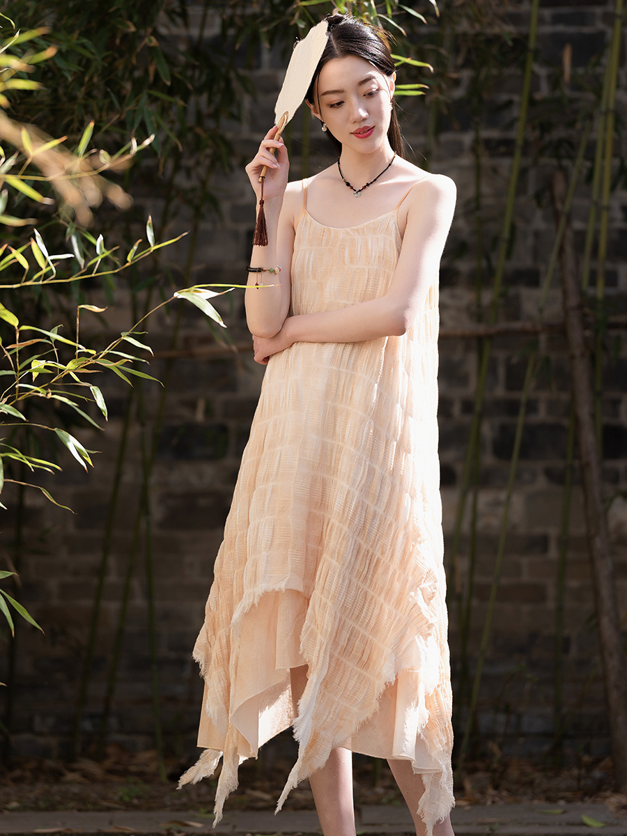26 Summer Handmade Plant-Dyed Crinkled Jacquard Irregular Niche Style Spaghetti Strap Long Dress for Women, Perfect for Travel Photos, Ethereal and Slimming