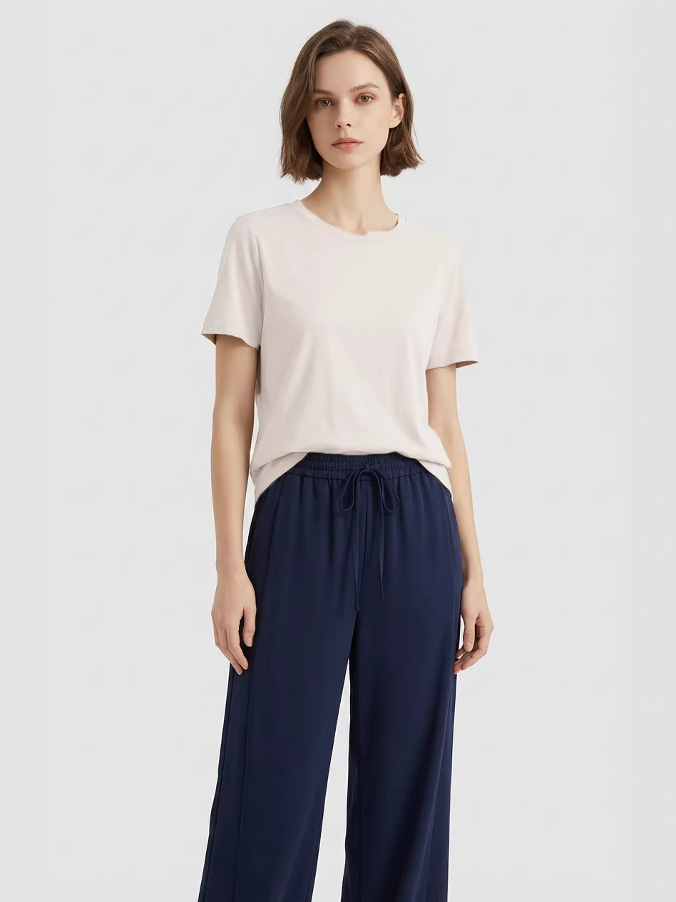 Tr Same Style Solid Color Versatile Round Neck Ice Silk Plain Knit Short Sleeve Women's T-Shirt Spring and Summer New Women's Top