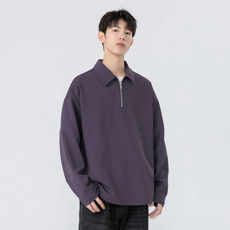 Long-Sleeved Polo Shirt Men's Autumn and Winter New Trendy Brand Pure Color Loose Off-Shoulder Simple Zipper Lapel Top Cross-Border