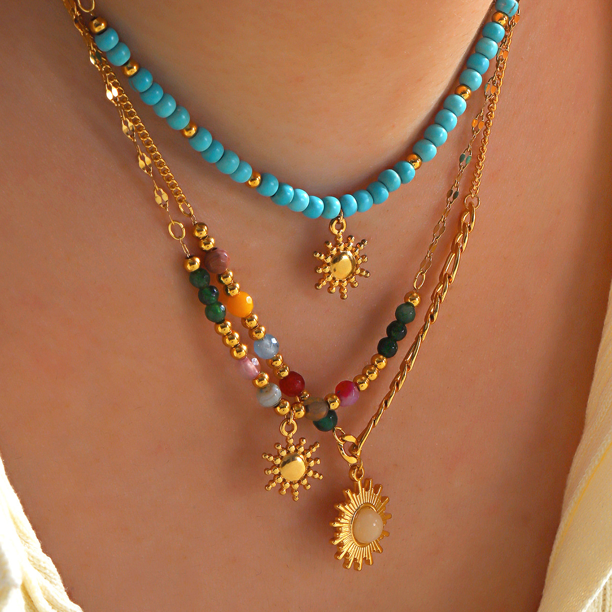 European and American Fashion Popular Bohemian Natural Stone Beaded Sun Necklace Personalized Hip Hop Turquoise Necklace Women