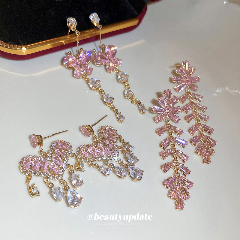 Silver Needle Zircon Diamond Love Butterfly Tassel Earrings European and American Exaggerated Long Studs Earrings Niche Light Luxury Earrings