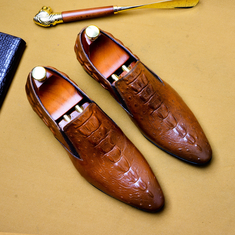 [Vip Exclusive] Men's Leather Shoes Genuine Leather Casual Business Breathable Crocodile Pattern Trendy Men's Shoes Pointed Toe Formal Shoes